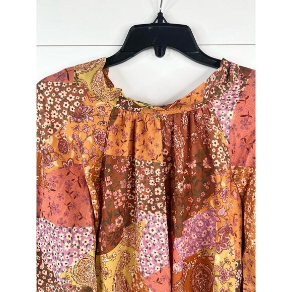 Aura Floral Paisley Patchwork Long Sleeve Peasant Blouse Size L Tie Back - Picture 5 of 12